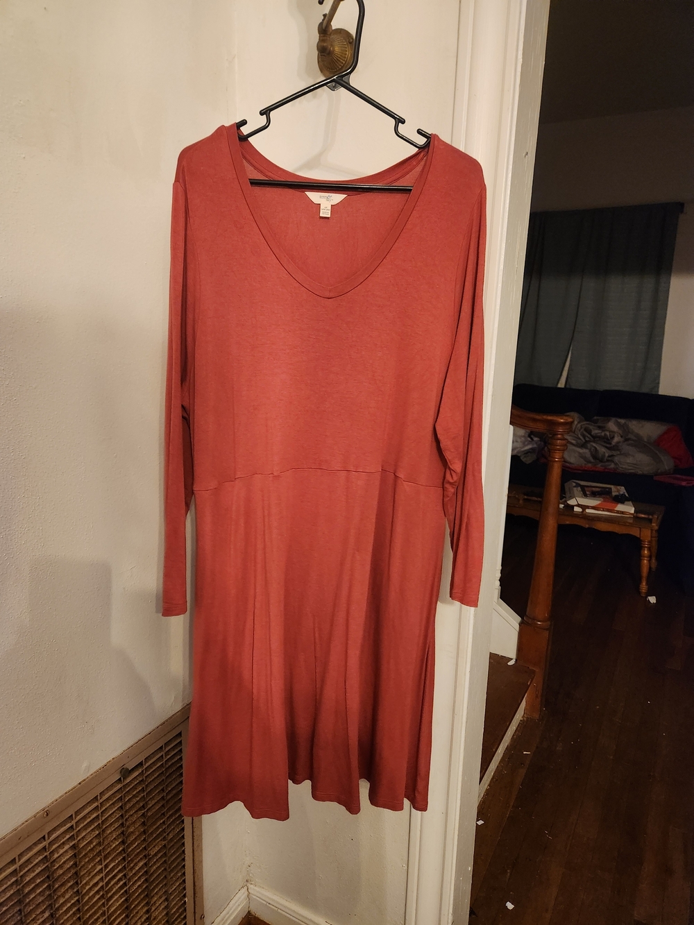 Women’s V-Neck Long Sleeve Casual Dress - Rust